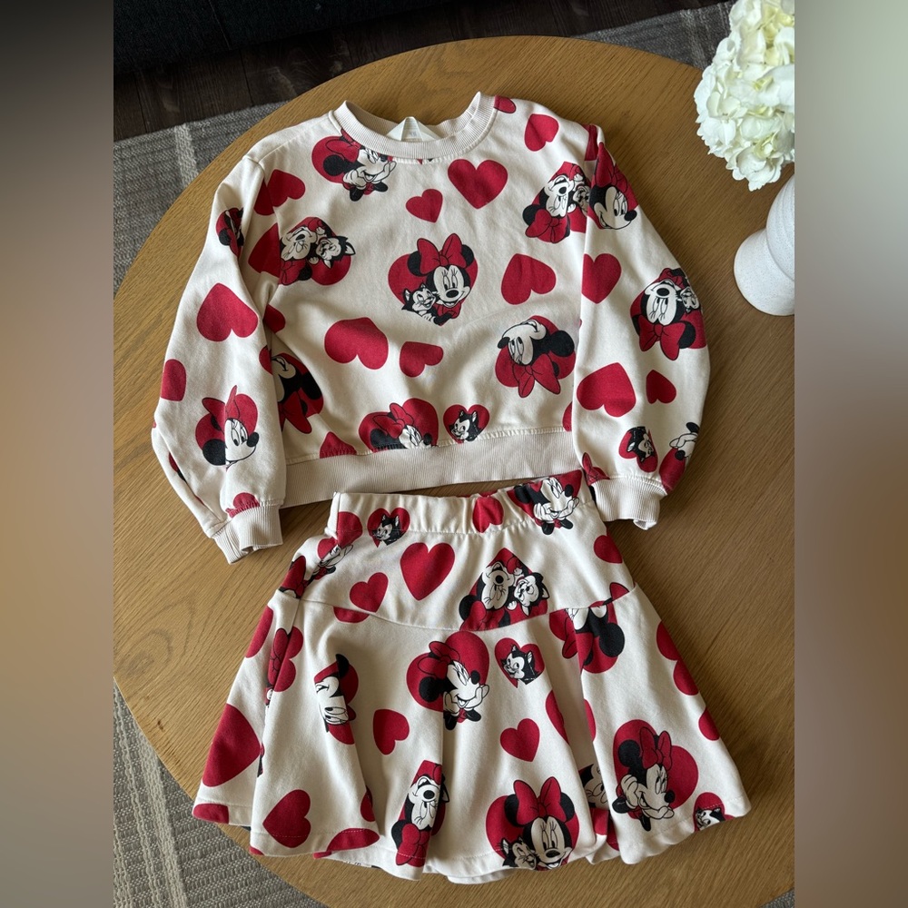 H&M x Disney Minnie Mouse Heart Print Sweatshirt and Skirt Set